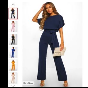 Dark Navy Jumpsuit: boat neck, short sleeve, floor length